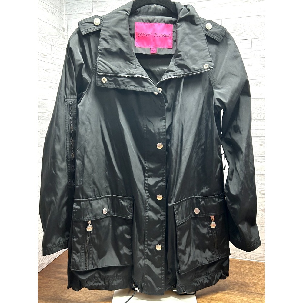 Betsey Johnson Trench Coat SM Black Edgy Lightweight Luxurious Zip Snap Y2K Chic